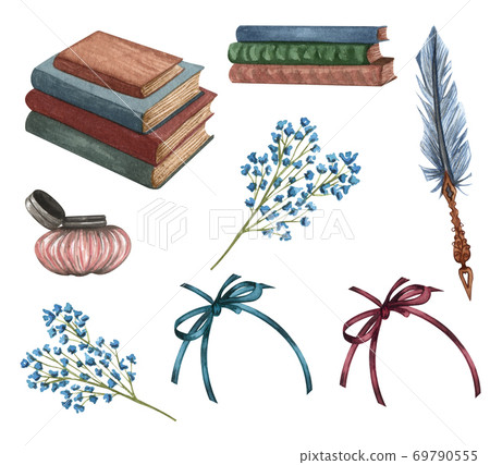 Watercolor vintage books set. Hand Drawn a pile of old books, ink bottle, ink feather, floral twig, rare paper. Antique objects. Old and rare elements Watercolor vintage books set. Hand Drawn a pile of old books, ink bottle, ink feather, floral twig, rare paper. Antique objects. Old and rare elements 69790555