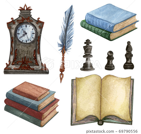 Vintage set isolated on white. Hand Drawn watercolor illustration of ink feather, rare clock, open book, old books. Antique objects on white Vintage set isolated on white. Hand Drawn watercolor illustration of ink feather, rare clock, open book, old books. Antique objects on white 69790556