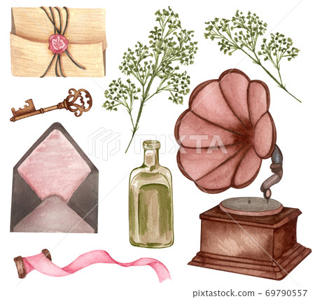 Vintage set isolated on white. Hand Drawn watercolor illustration of dried twig, gramophone, love letter, old key. Antique objects on white Vintage set isolated on white. Hand Drawn watercolor illustration of dried twig, gramophone, love letter, old key. Antique objects on white 69790557