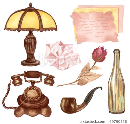 Vintage set isolated on white. Hand Drawn watercolor illustration of dried rose, desk lemp, love letter, old phone, pipe. Antique objects on white. Vintage set isolated on white. Hand Drawn watercolor illustration of dried rose, desk lemp, love letter, old phone, pipe. Antique objects on white. 69790558