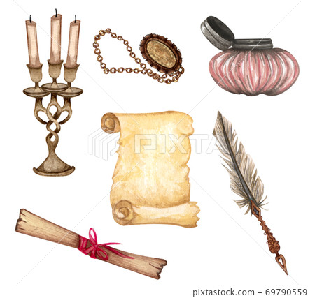 Vintage set isolated on white. Hand Drawn watercolor illustration feather, ink bottle, love letter, necklace, candle. Antique objects on white background Vintage set isolated on white. Hand Drawn watercolor illustration feather, ink bottle, love letter, necklace, candle. Antique objects on white background 69790559