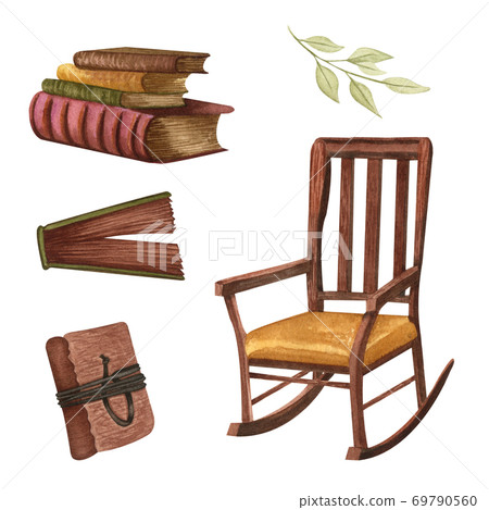 Vintage set isolated on white. Hand Drawn watercolor books, letter, rocking chair. Old objects. Reader Vintage set isolated on white. Hand Drawn watercolor books, letter, rocking chair. Old objects. Reader 69790560