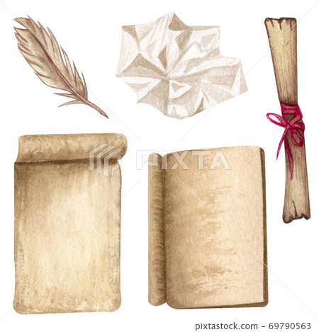 Vintage paper set isolated on white. Hand Drawn watercolor illustration open book, letters. Antique objects on white background Vintage paper set isolated on white. Hand Drawn watercolor illustration open book, letters. Antique objects on white background 69790563
