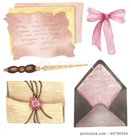 Vintage paper set isolated on white. Hand Drawn watercolor illustration open book, letters. Antique objects on white background Vintage paper set isolated on white. Hand Drawn watercolor illustration open book, letters. Antique objects on white background 69790564