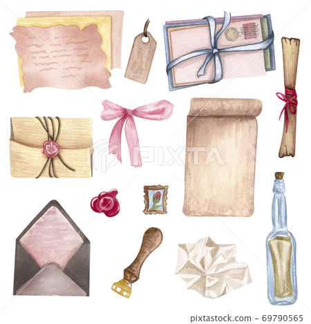 Vintage paper set isolated on white. Hand Drawn watercolor illustration open book, letters. Antique objects on white background 69790565