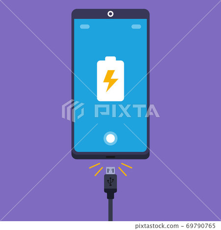 plug the cord from the charger into the cell phone. flat vector illustration. 69790765