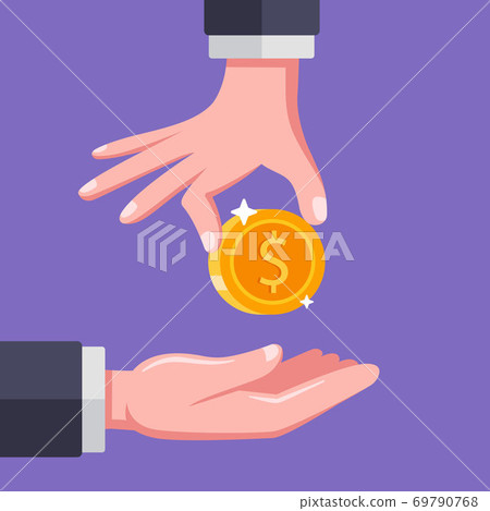 the person puts his hand in the outstretched palm. remuneration to the employee. flat vector illustration. 69790768
