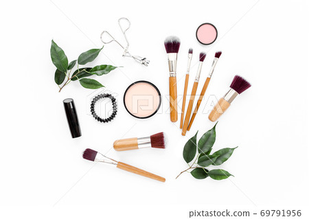 Professional makeup tools. Makeup tools brushes. Flat composition. magazines, social media. Top view. Flat lay. 69791956