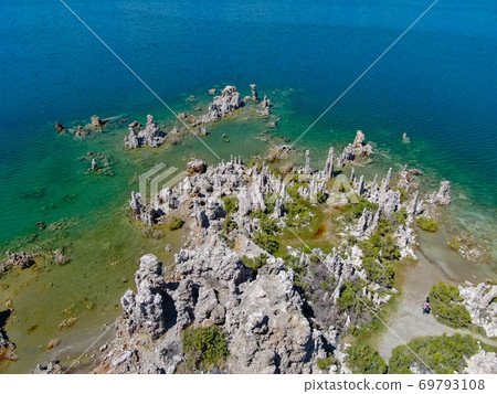 Aerial view of Mono Lake with tufa rock formations during summer season, Mono County 69793108