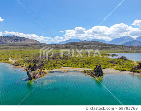 Aerial view of Mono Lake with tufa rock formations during summer season, Mono County Aerial view of Mono Lake with tufa rock formations during summer season, Mono County 69793769