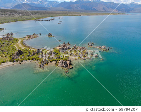 Aerial view of Mono Lake with tufa rock formations during summer season, Mono County 69794207