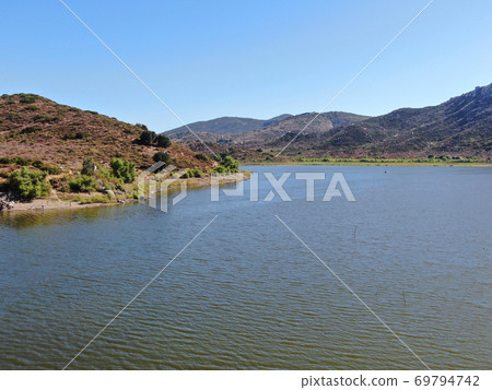 Aerial view of Inland Lake Hodges and Bernardo Mountain, San Diego County, California 69794742