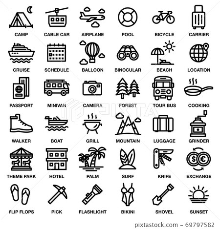 TRAVEL & CAMPING ICON SET. Editable stroke. Pixel Perfect. 69797582
