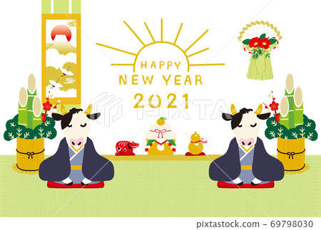 2021年新年賀卡一頭母牛在日本房間裡迎接新年的問候 69798030