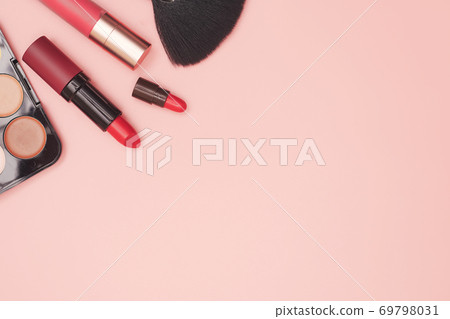 set of professional cosmetics, makeup tools and accessories on pink background, beauty, fashion, shopping concept, flat lay set of professional cosmetics, makeup tools and accessories on pink background, beauty, fashion, shopping concept, flat lay 69798031