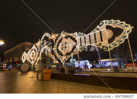 New Year and Christmas lighting decoration of the city --- Pushkin Square (Festival "Journey to Christmas"), Moscow. Russia New Year and Christmas lighting decoration of the city --- Pushkin Square (Festival "Journey to Christmas"), Moscow. Russia 69798607