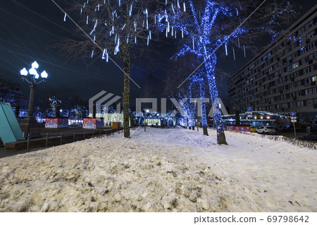 New Year and Christmas lighting decoration of the city, Novopushkinsky Square, Moscow. Russia New Year and Christmas lighting decoration of the city, Novopushkinsky Square, Moscow. Russia 69798642