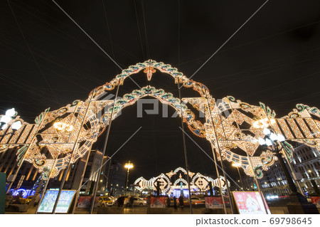 New Year and Christmas lighting decoration of the city, Novopushkinsky Square, Moscow. Russia New Year and Christmas lighting decoration of the city, Novopushkinsky Square, Moscow. Russia 69798645