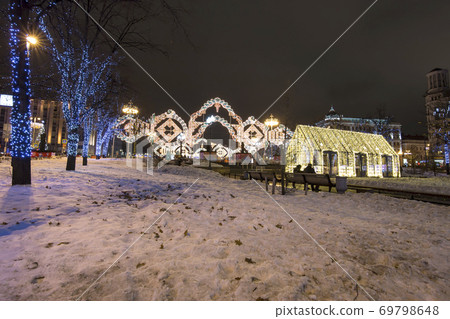 New Year and Christmas lighting decoration of the city, Novopushkinsky Square, Moscow. Russia New Year and Christmas lighting decoration of the city, Novopushkinsky Square, Moscow. Russia 69798648