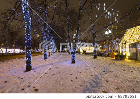 New Year and Christmas lighting decoration of the city, Novopushkinsky Square, Moscow. Russia New Year and Christmas lighting decoration of the city, Novopushkinsky Square, Moscow. Russia 69798651