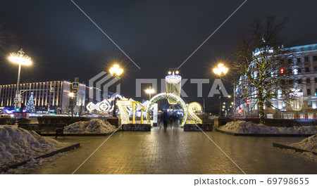 New Year and Christmas lighting decoration of the city, Novopushkinsky Square, Moscow. Russia New Year and Christmas lighting decoration of the city, Novopushkinsky Square, Moscow. Russia 69798655