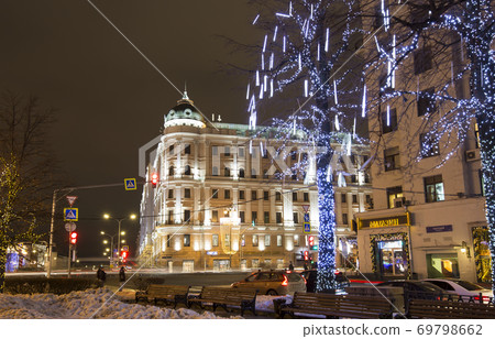 New Year (Christmas) lighting decoration of the city, Tverskaya Street, Moscow. Russia New Year (Christmas) lighting decoration of the city, Tverskaya Street, Moscow. Russia 69798662