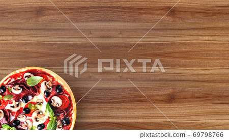 Pizza with salami and olives, advertising background. 3D rendering Pizza with salami and olives, advertising background. 3D rendering 69798766