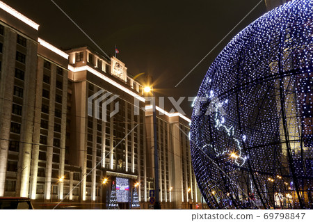 Christmas and New Year holidays illumination and Building of The State Duma of the Federal Assembly of Russian Federation at night, Moscow, Russia Christmas and New Year holidays illumination and Building of The State Duma of the Federal Assembly of Russian Federation at night, Moscow, Russia 69798847