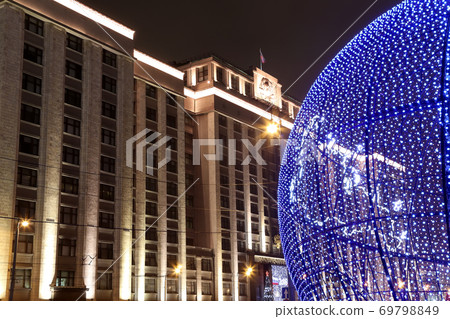 Christmas and New Year holidays illumination and Building of The State Duma of the Federal Assembly of Russian Federation at night, Moscow, Russia Christmas and New Year holidays illumination and Building of The State Duma of the Federal Assembly of Russian Federation at night, Moscow, Russia 69798849