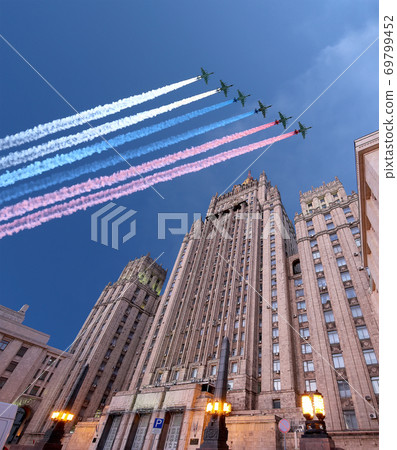 Ministry of Foreign Affairs of the Russian Federation and Russian military aircrafts fly in formation, Moscow, Russia 69799452