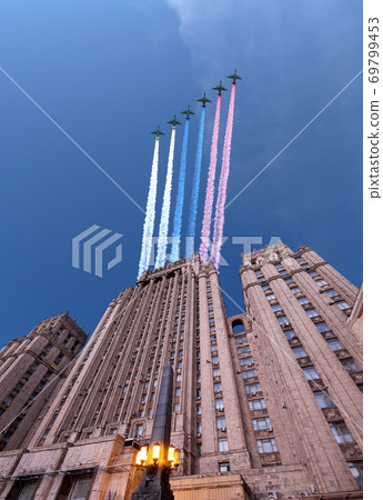 Ministry of Foreign Affairs of the Russian Federation and Russian military aircrafts fly in formation, Moscow, Russia 69799453