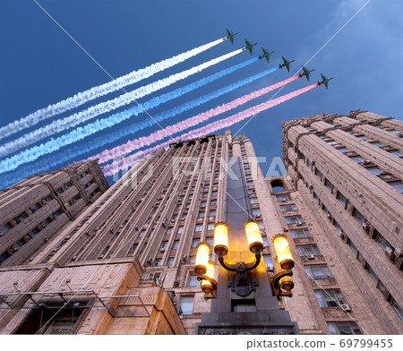 Ministry of Foreign Affairs of the Russian Federation and Russian military aircrafts fly in formation, Moscow, Russia 69799455