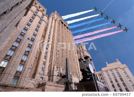 Ministry of Foreign Affairs of the Russian Federation and Russian military aircrafts fly in formation, Moscow, Russia 69799457