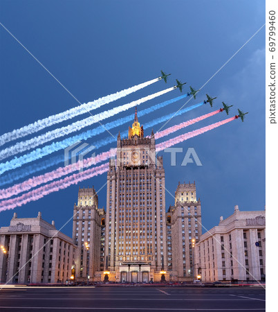 Ministry of Foreign Affairs of the Russian Federation and Russian military aircrafts fly in formation, Moscow, Russia 69799460
