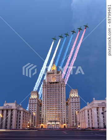 Ministry of Foreign Affairs of the Russian Federation and Russian military aircrafts fly in formation, Moscow, Russia 69799461