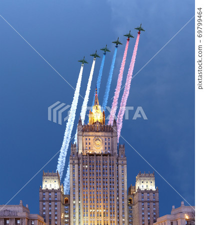 Ministry of Foreign Affairs of the Russian Federation and Russian military aircrafts fly in formation, Moscow, Russia 69799464