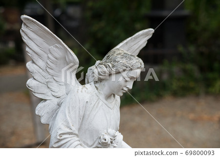 Closeup of stoned angel on tomb in a cemetery Closeup of stoned angel on tomb in a cemetery 69800093