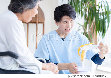 Medical doctor explaining using a knee joint model Medical doctor explaining using a knee joint model 69800476