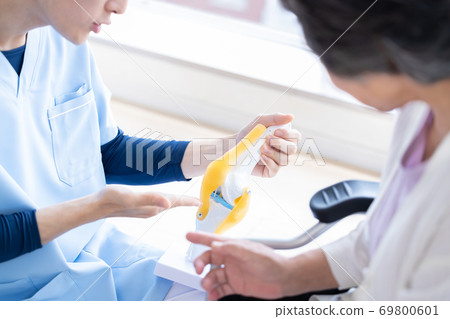 Medical doctor explaining using a knee joint model 69800601