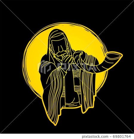 Feast of trumpets Jewish people blowing the shofar horn cartoon graphic vector 69801764