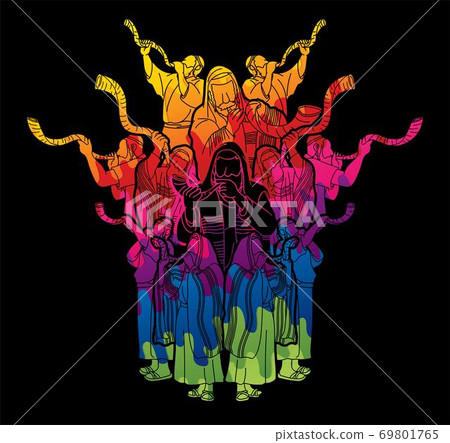 Feast of trumpets Jewish people blowing the shofar horn cartoon graphic vector Feast of trumpets Jewish people blowing the shofar horn cartoon graphic vector 69801765