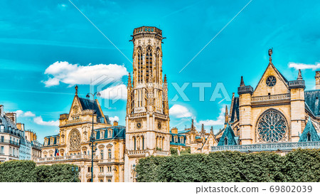 Saint-Germain l'Auxerrois Church  is situated near Louvre museum. It's construction in Roman, Gothic and Renaissance styles Paris. France. 69802039