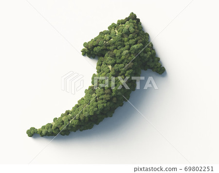 高聳的箭頭形山丘和覆蓋它的綠色森林。 3D渲染。 69802251