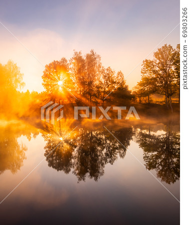 Golden misty sunrise on the pond in the autumn morning. Trees with rays of the sun cutting through it, reflected in the water. Golden misty sunrise on the pond in the autumn morning. Trees with rays of the sun cutting through it, reflected in the water. 69803266