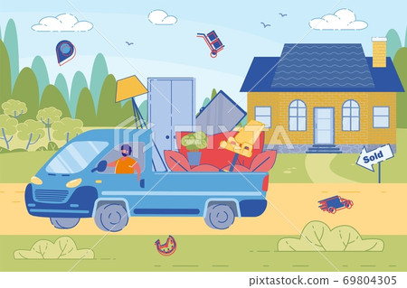 Man Carries Furniture from Old House to New Place. Man Carries Furniture from Old House to New Place. 69804305