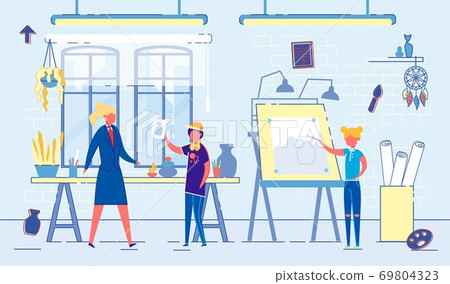 Flat Banner Teaching Children Art in School Class. 69804323
