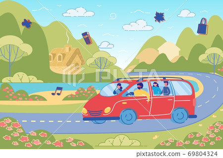 Friends Having Fun in Car Driving on Country Road. Friends Having Fun in Car Driving on Country Road. 69804324