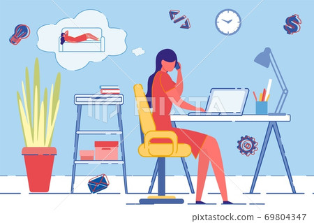 Working at Home with Laptop, Thinking about Rest. Working at Home with Laptop, Thinking about Rest. 69804347
