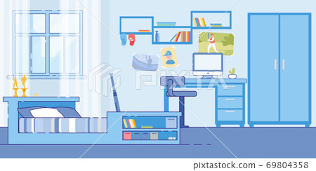 Teenage Boy Bedroom Cozy Interior Flat Vector Teenage Boy Bedroom Cozy Interior Flat Vector 69804358