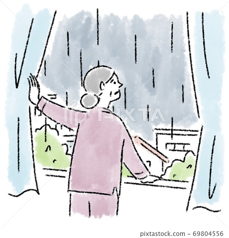 Rain woman middle age window watercolor hand-painted Rain woman middle age window watercolor hand-painted 69804556